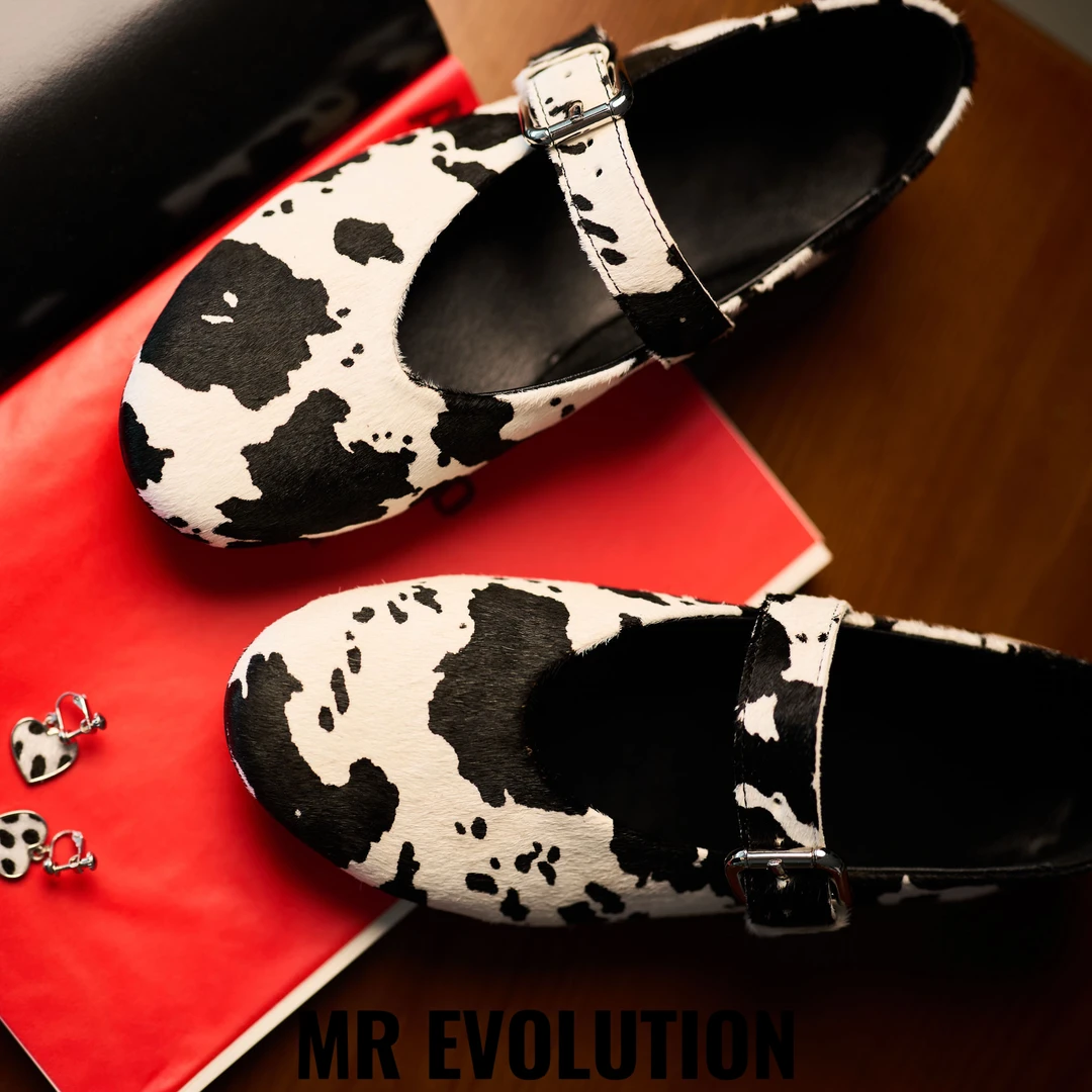 真皮马毛奶牛玛丽珍 斑纹扣带芭蕾平底鞋