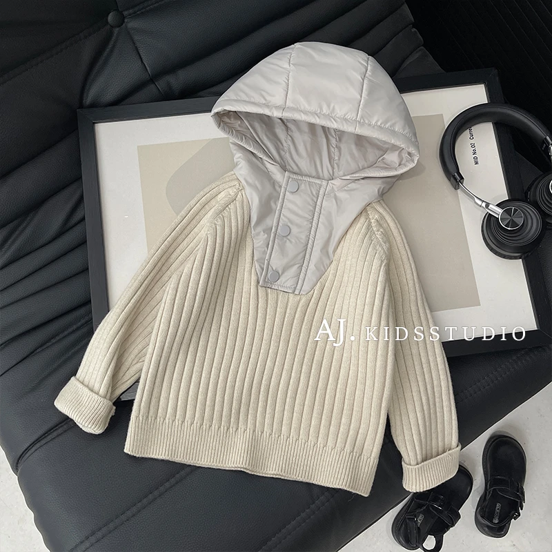 【现货】阿卷秋冬装男女童纯色简约拼接设计套头连帽针织衫HCXZ4656