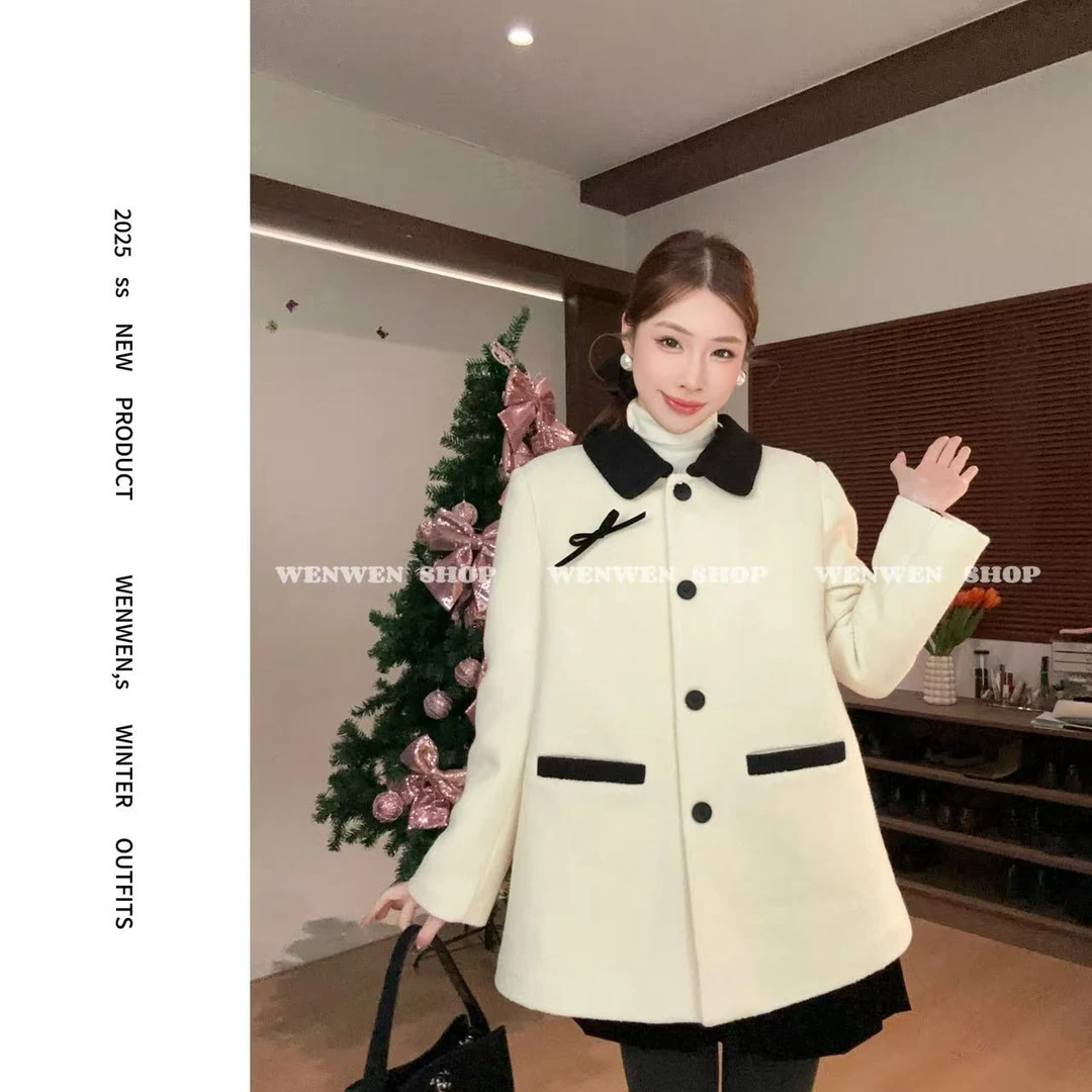 【小闻定制】冬季新款气质感翻领蝴蝶结撞色羊毛羽绒外套2580162