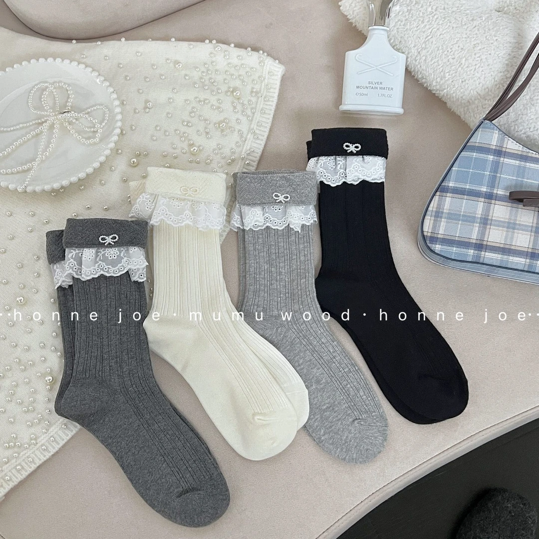 少女风春夏韩系ins潮可爱甜美花边纽扣中短筒袜子
