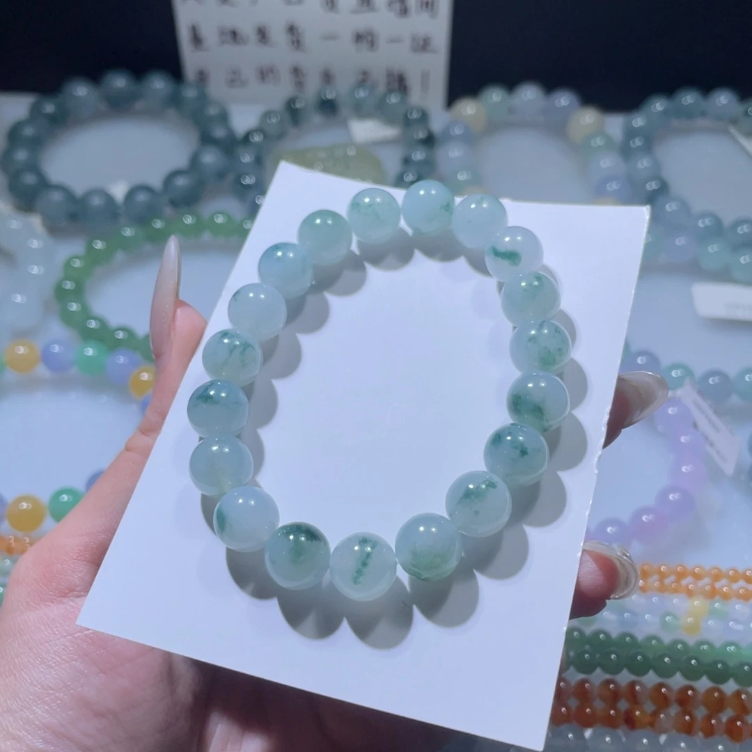 定制翡翠未镶嵌啊*！卡10胶润绿花手串