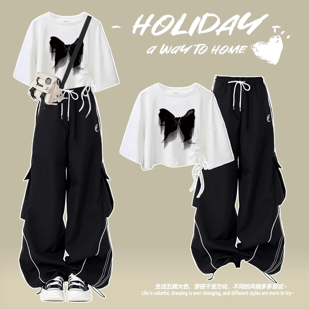 中大童8-15岁女童套装夏装洋气青少年短袖上衣休闲工装裤两件套潮