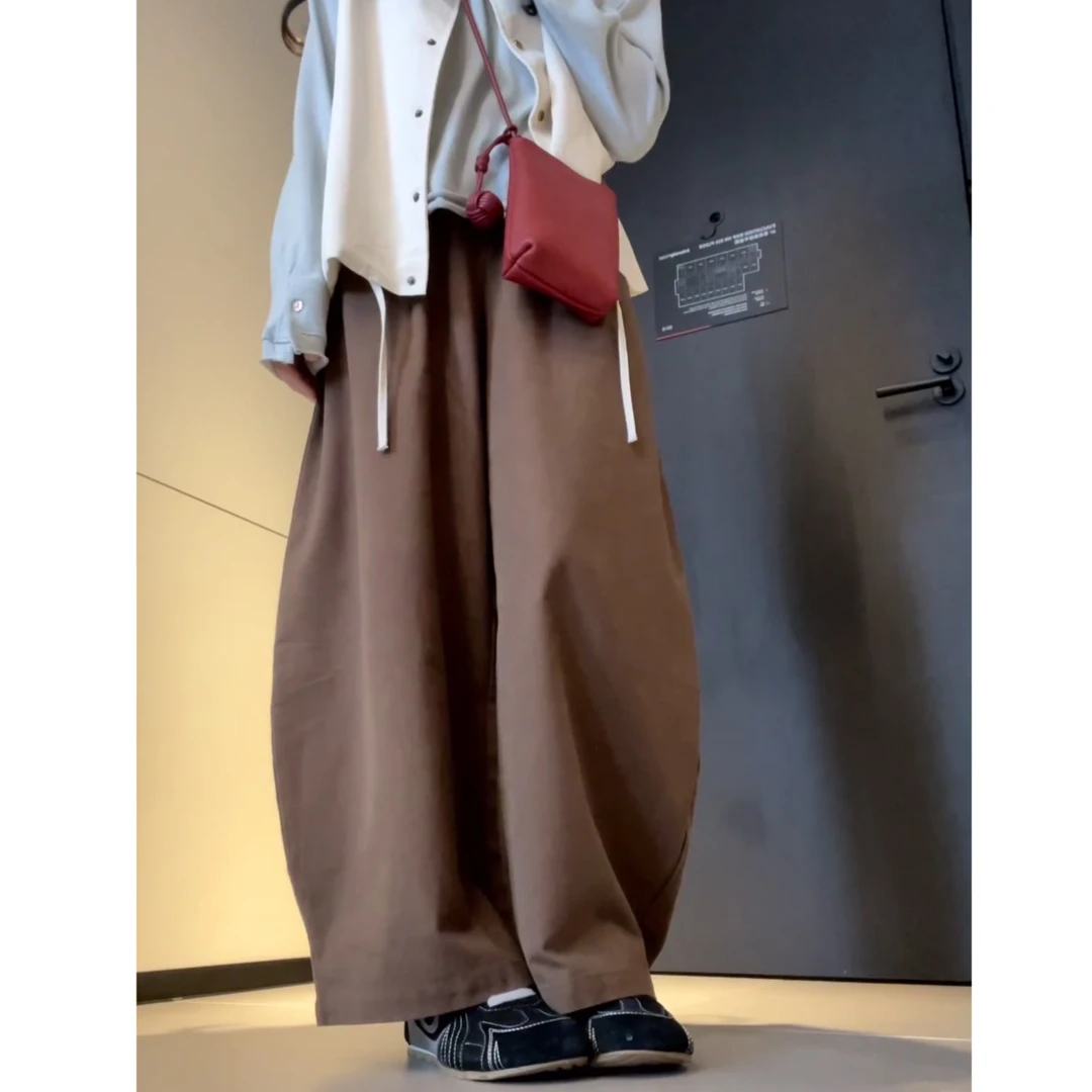 日系宽松阔腿长裤裤女秋季直筒哈伦萝卜裤休闲卡其色水洗棉工装裤