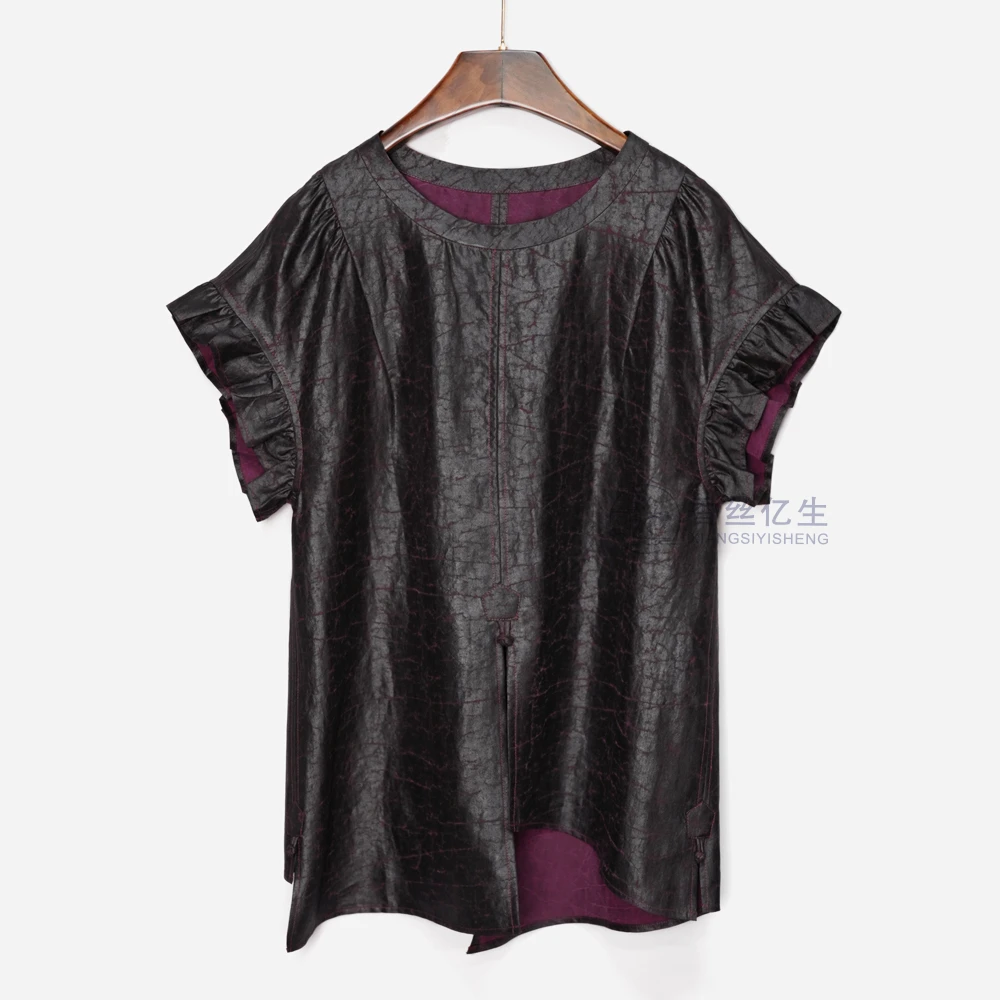 一帘幽梦！香云纱玫紫色龟裂纹气质百搭圆领中式短袖女士衬衫X3179