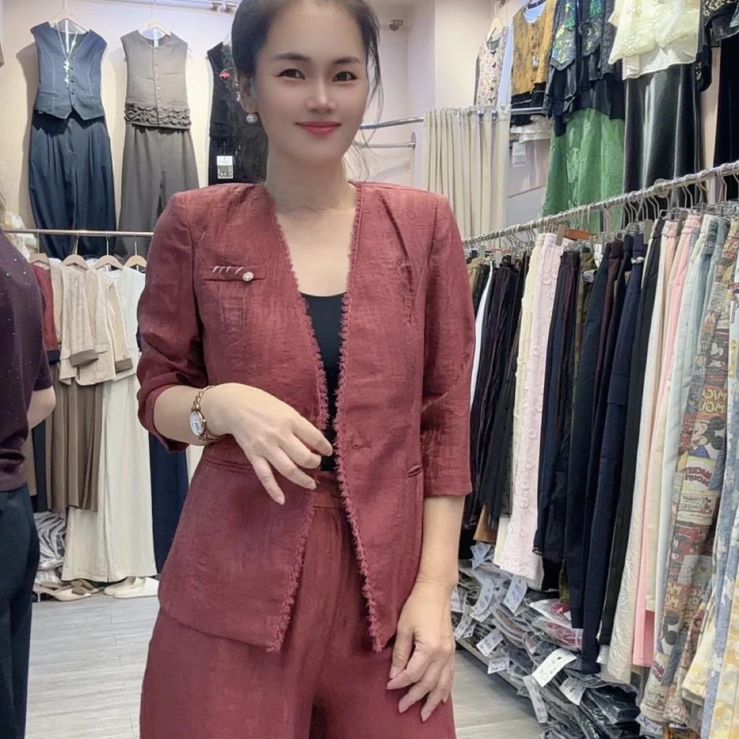 时尚休闲通勤套装女秋冬款V领提花西服外套阔腿长裤两件套J
