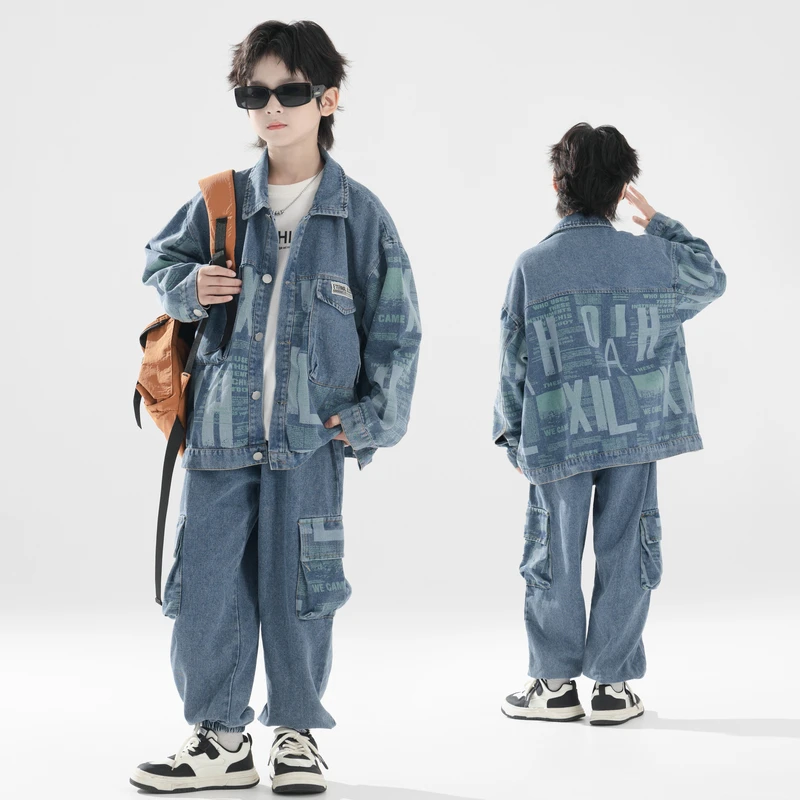 【牛仔套装】秋季儿童牛仔套装外套裤子两件套儿童青少年男童潮酷