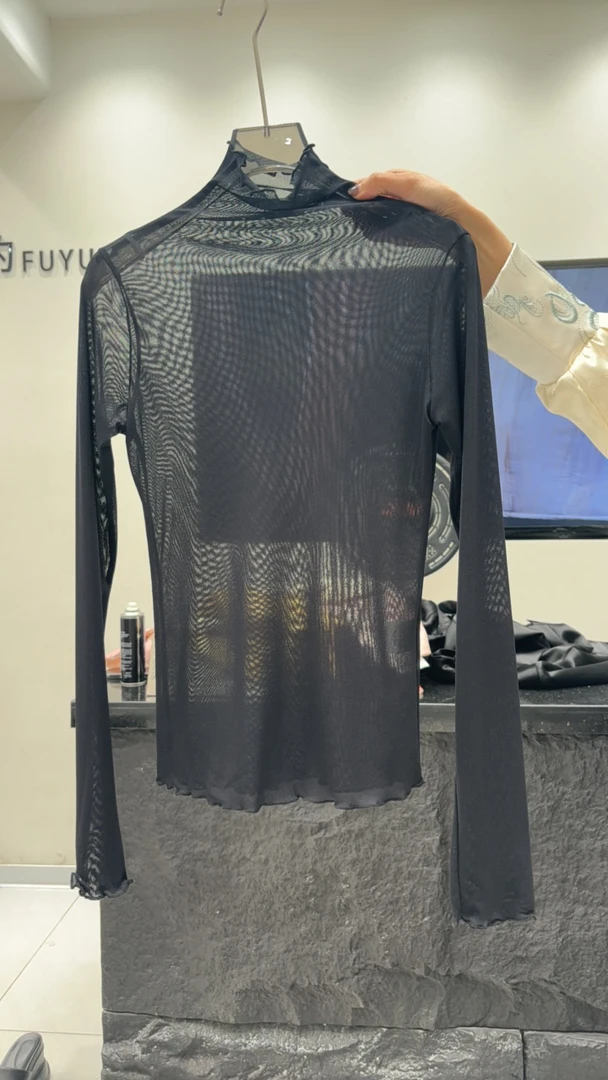 防静电显瘦T恤打底衫修身长袖简约通勤纯色高领纱网休闲高腰