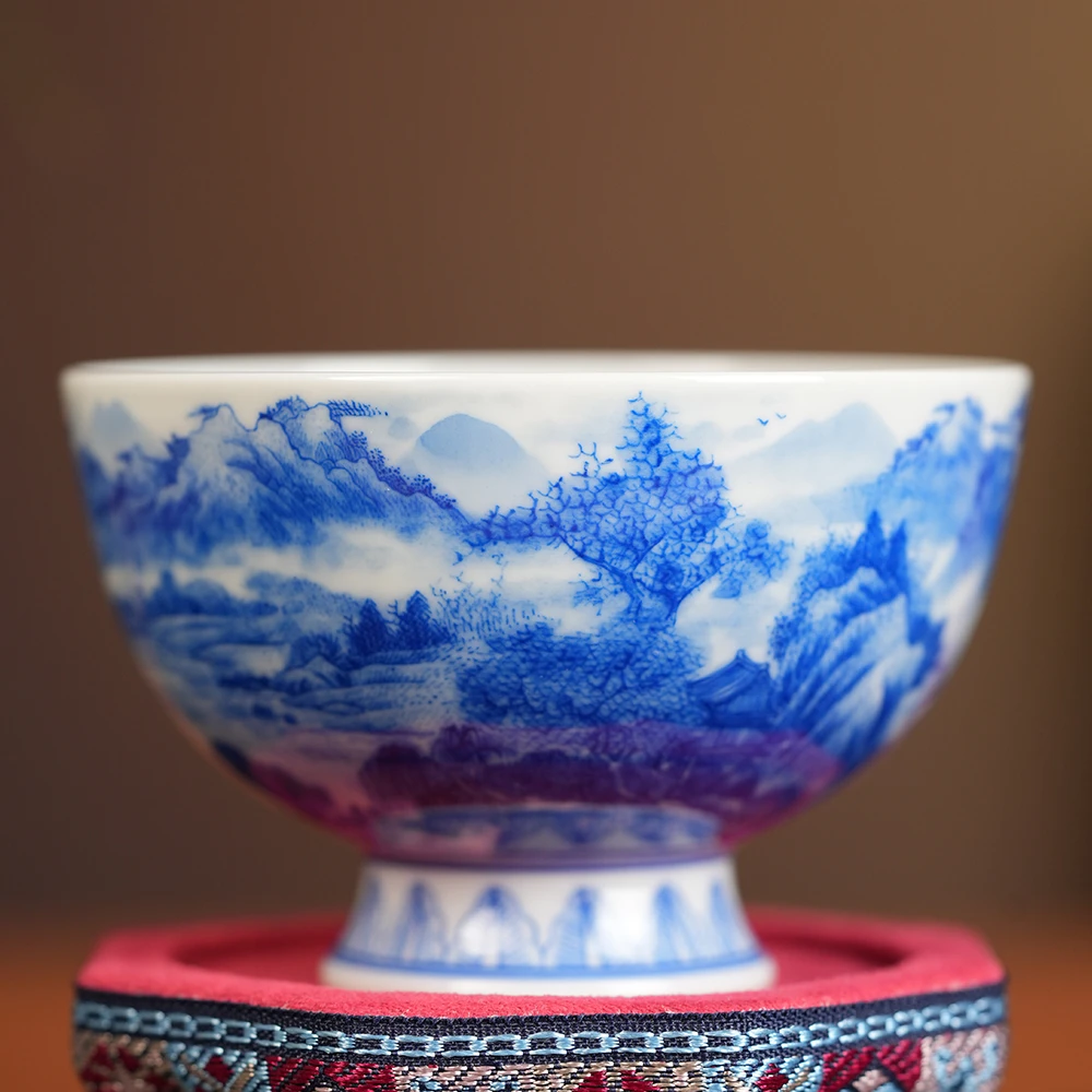 王宇滨窑江山秋色图单杯150cc纯手绘青花山水主人杯茶杯茶器