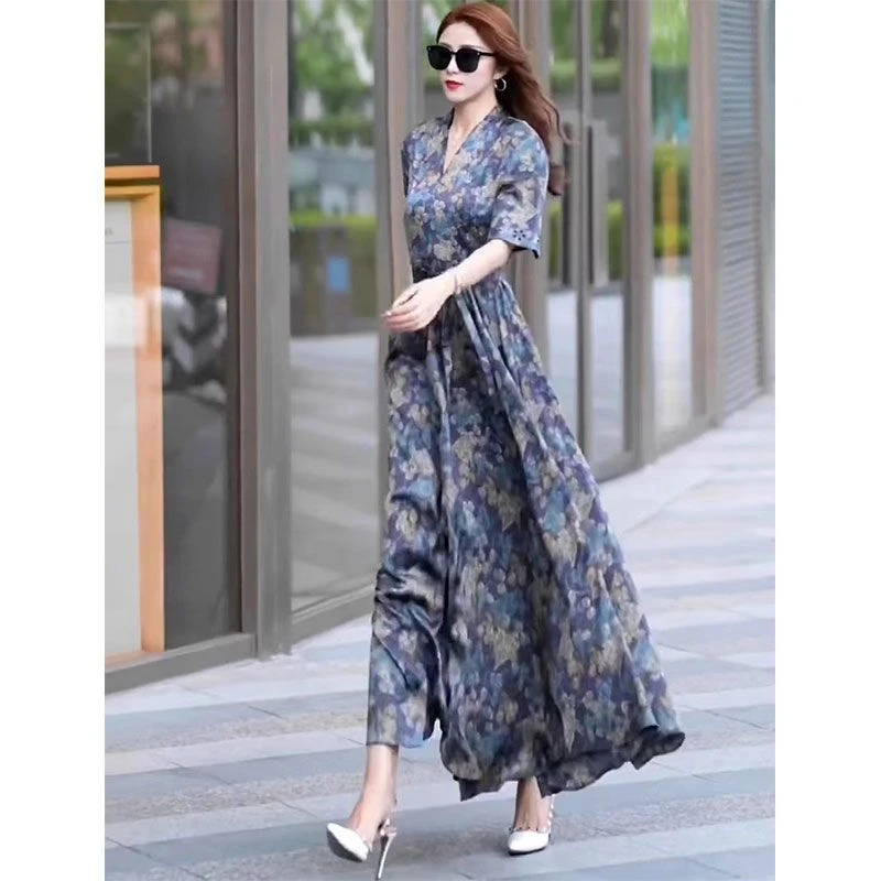 洋气印花系带连衣裙夏季2025新款高级感时尚气质显瘦收腰长款裙子