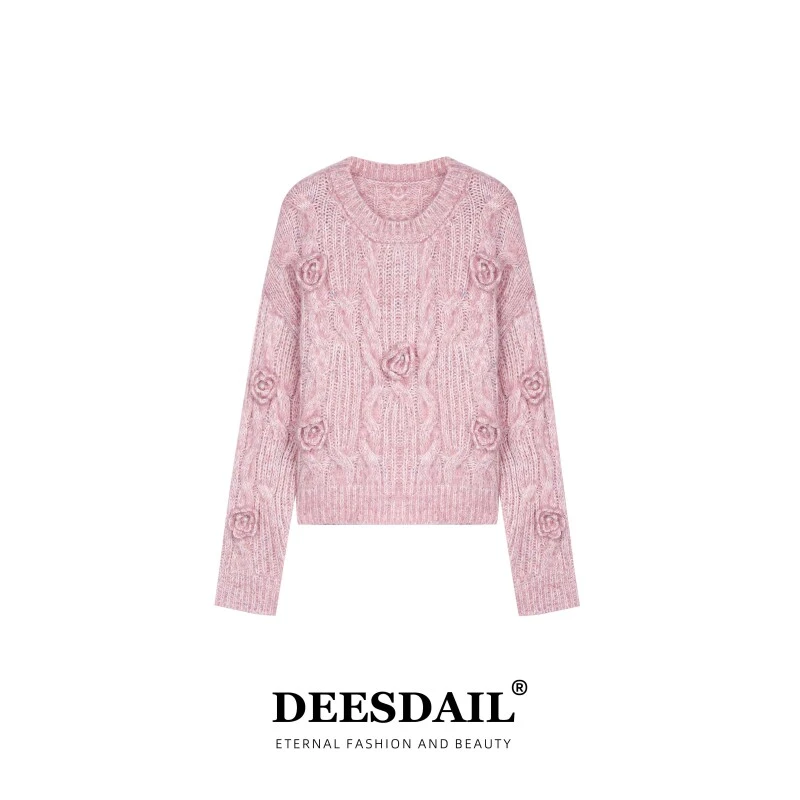 DEESDAIL冬季粉色山茶花长袖圆领毛衣显瘦小众宽松针织衫女A359