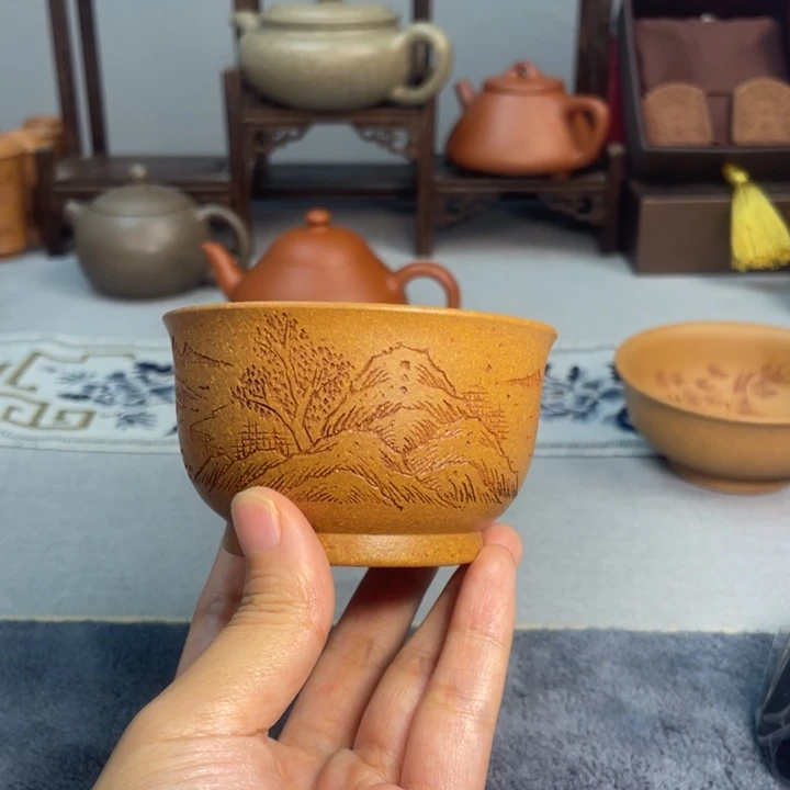 茶杯紫砂梨皮黄段 刻绘杯