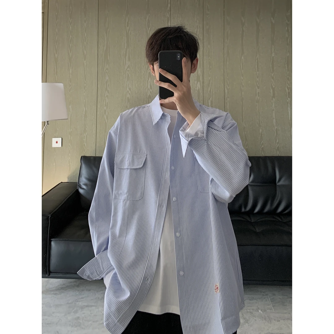 【小王家】感百搭休闲宽松港风潮流条纹工装日系长袖男款衬衫