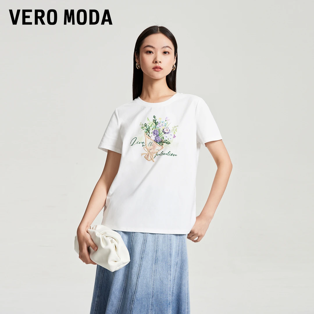 Vero ModaT恤女2025夏日穿搭罗纹圆领新款印花刺绣上衣325201072