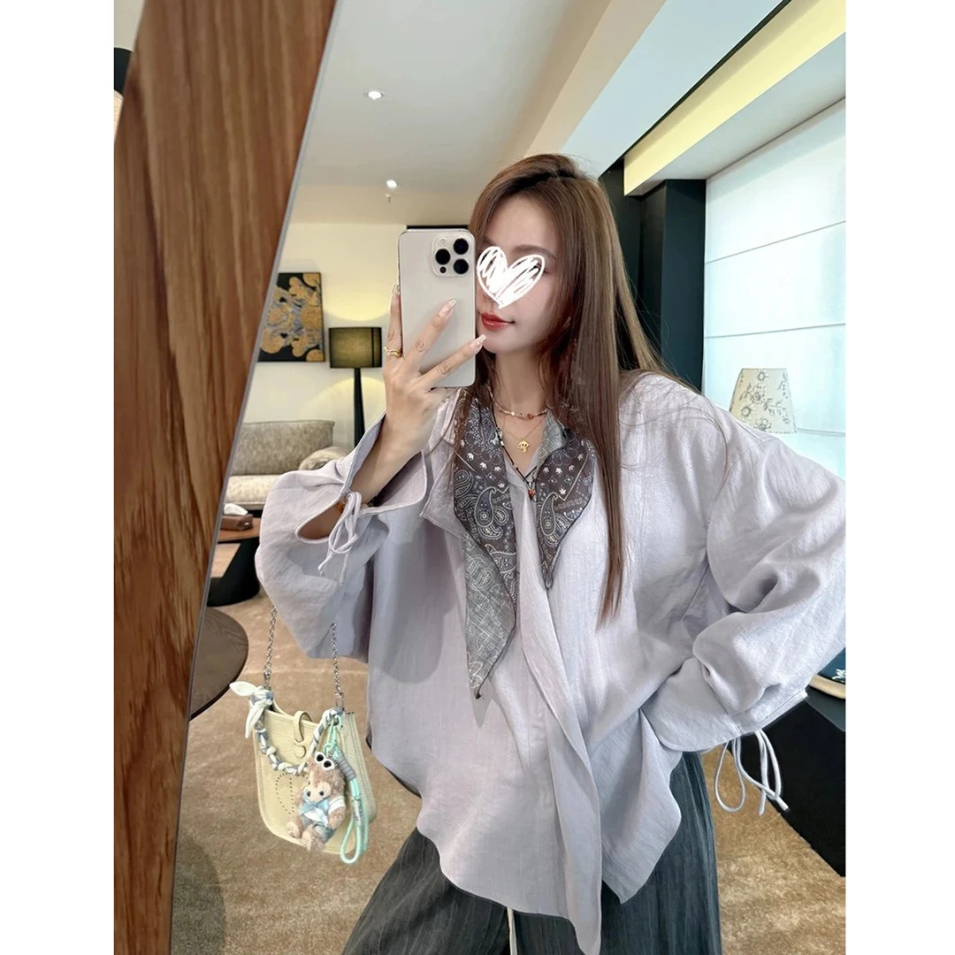 淡紫色宽松(可脱卸丝巾)长袖衬衫阔腿裤套装 #C1165