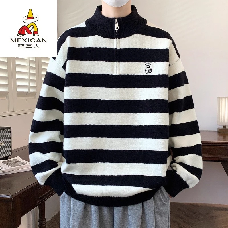 稻草人小熊条纹针织衫男秋冬季新款半拉链毛衣男款青少年加厚内搭