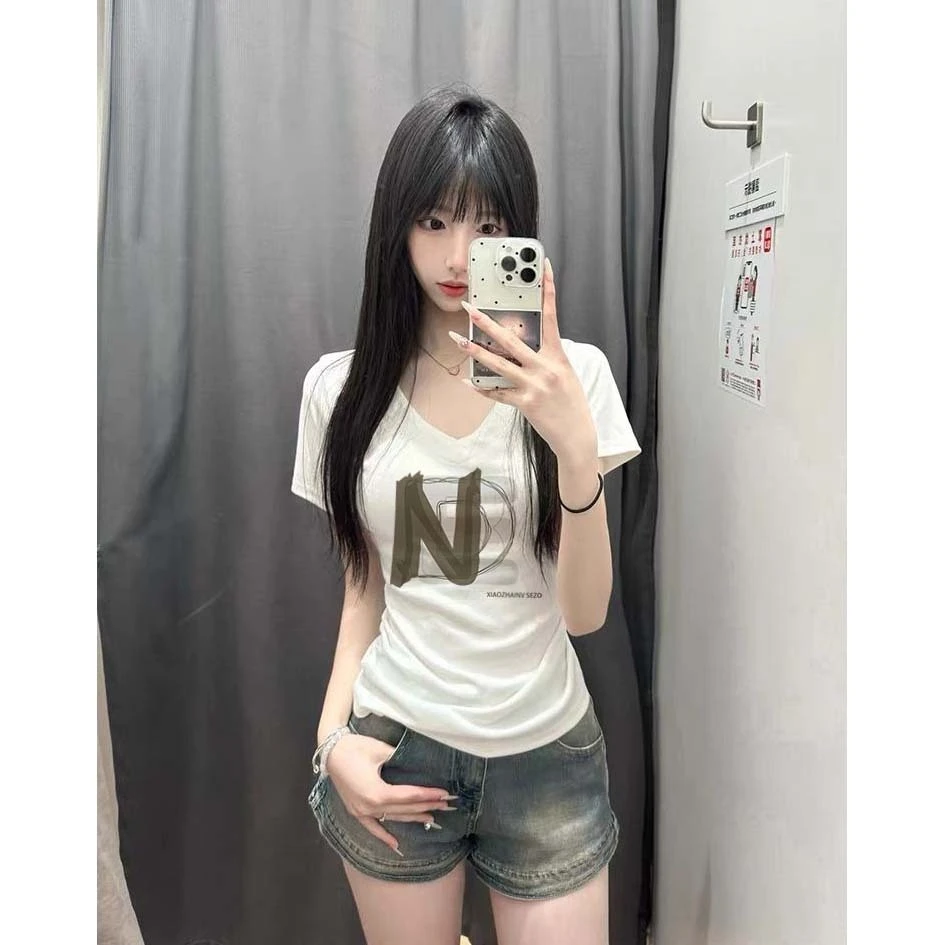 纯棉白色V领收腰辣妹网红短袖t恤女新款夏季修身显瘦上衣ins纯欲