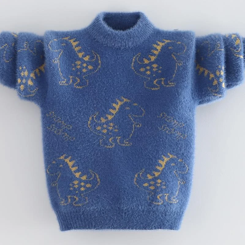 男童毛衣水貂绒加绒加厚2025新款秋冬款中大童针织衫卡通圆领套头