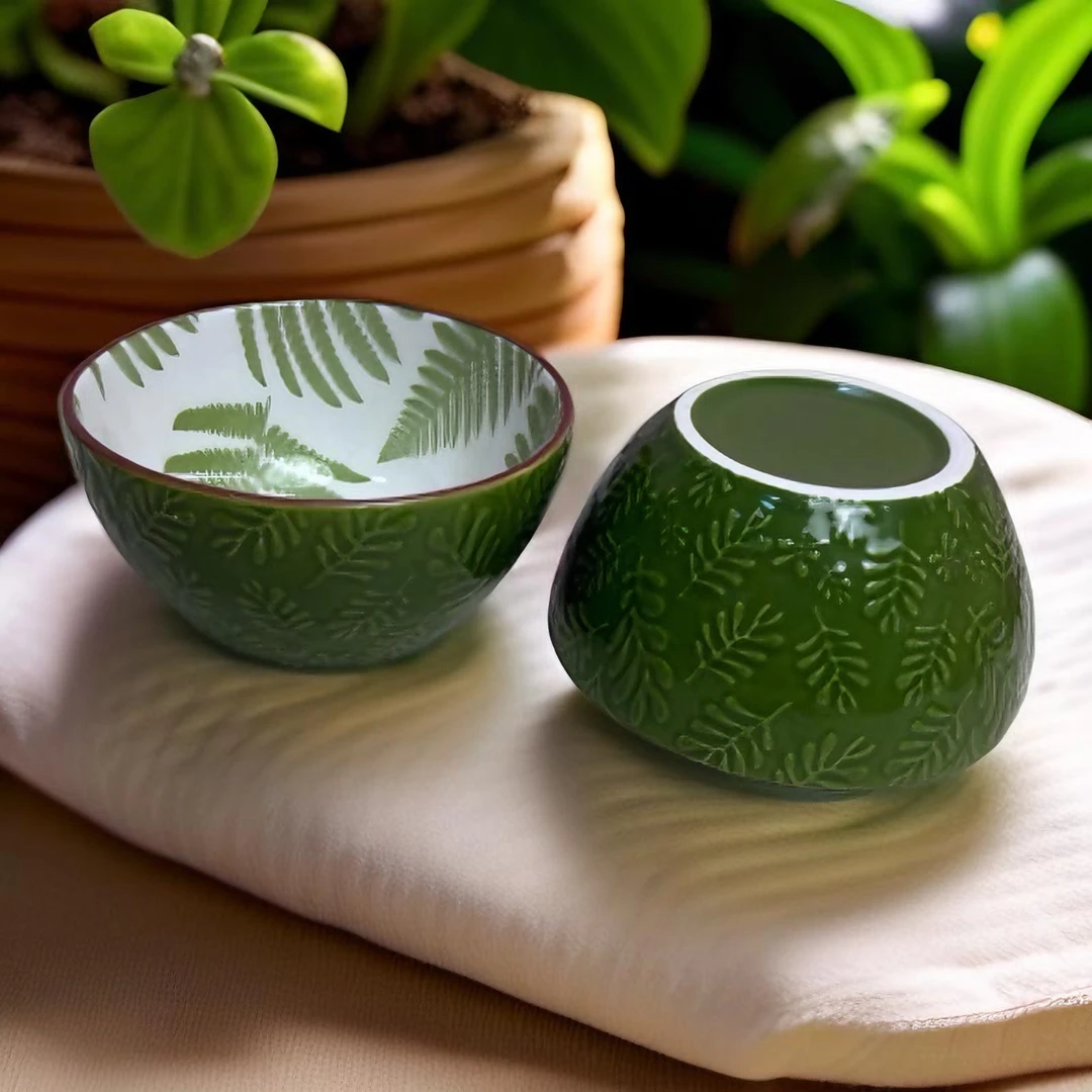 294正品家用默认微瑕绿色浮雕复古釉下彩米饭碗4.5英寸11cm×2个