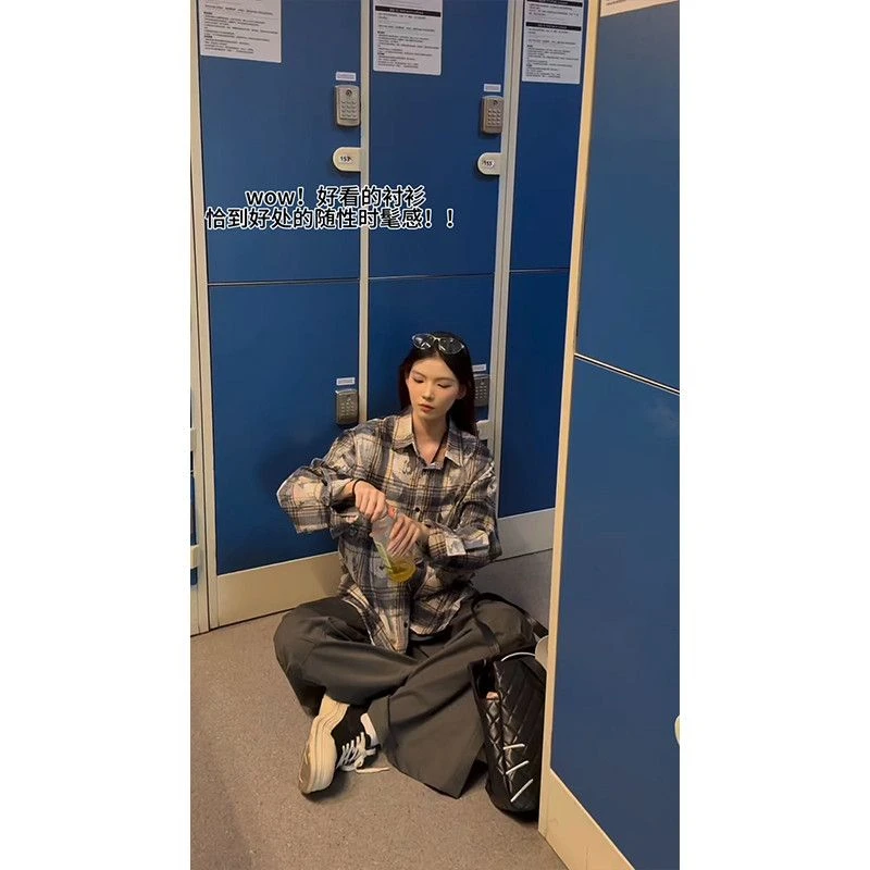 潮牌复古格子衬衫男女春夏季宽松休闲上衣秋季慵懒风长袖衬衣外套