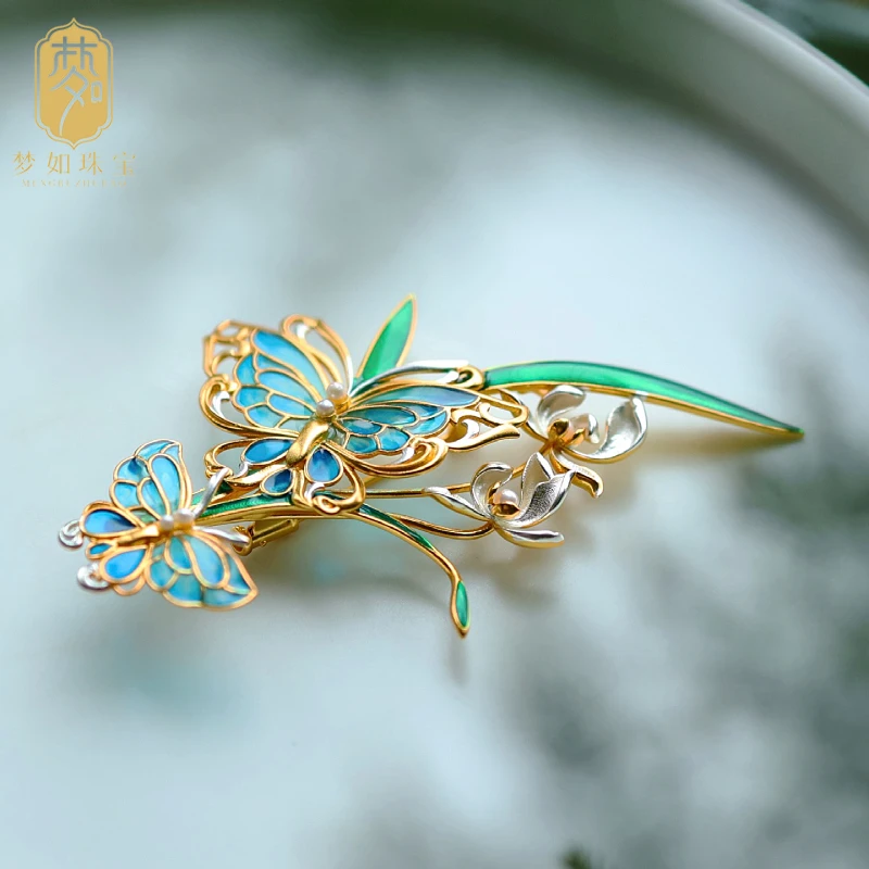 蝶梦·银镶嵌珐琅珍珠蝴蝶胸针MTS