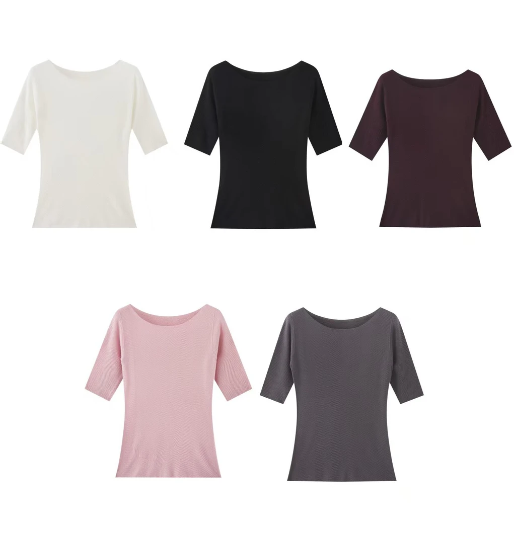 25夏季莱赛尔+桑蚕丝一线成衣小众一字领简约百搭显瘦短袖打底衫