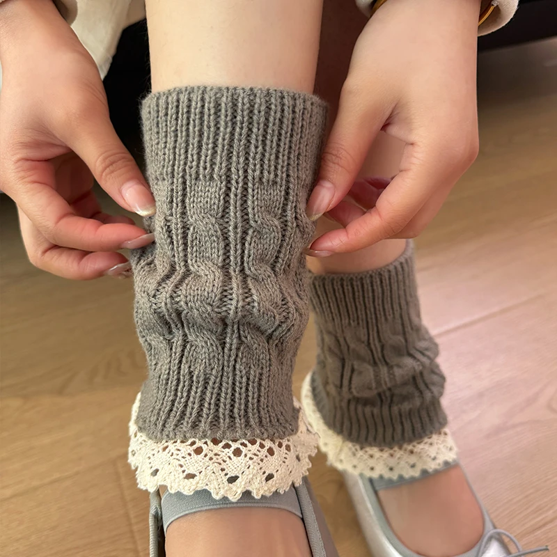 灰色氛围感花边蕾丝袜套堆堆袜女春秋芭蕾风白色粗针腿套搭配皮鞋