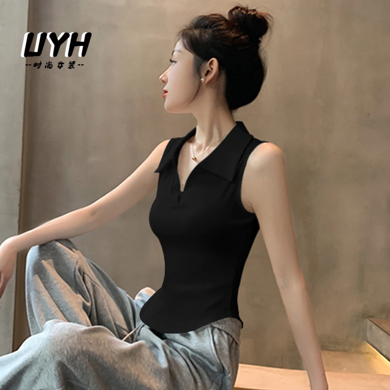 UYH黑色POLO领外穿吊带背心女2025夏季新款无袖设计感小众内搭上