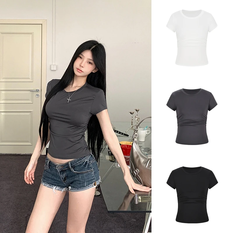 Moses Queen/魔西女王灰色圆领短袖正肩T恤女抽褶显瘦收腰上衣INS