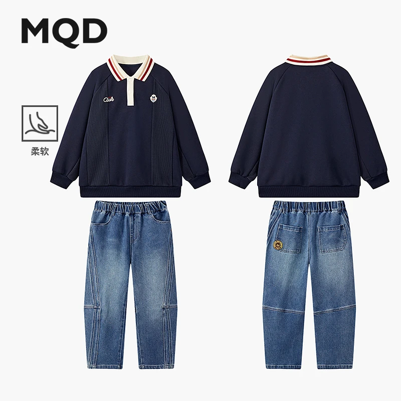 MQD男童25秋新款街潮经典学院风polo领长袖翻领卫衣套装TCW0654E