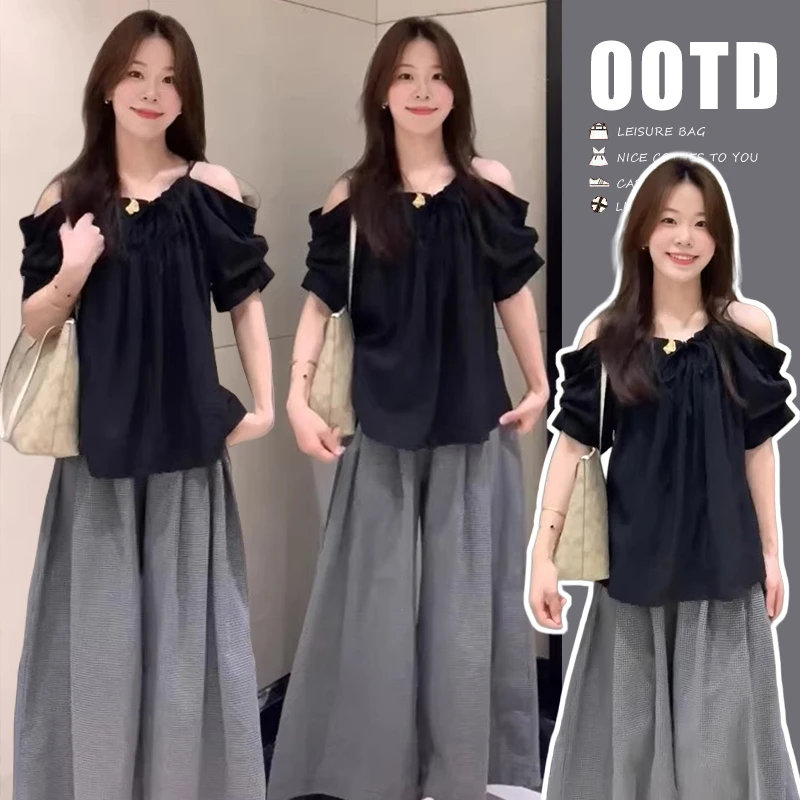 2025夏季孕妇漏肩慵懒松弛上衣＋格子休闲直筒阔腿裤套装