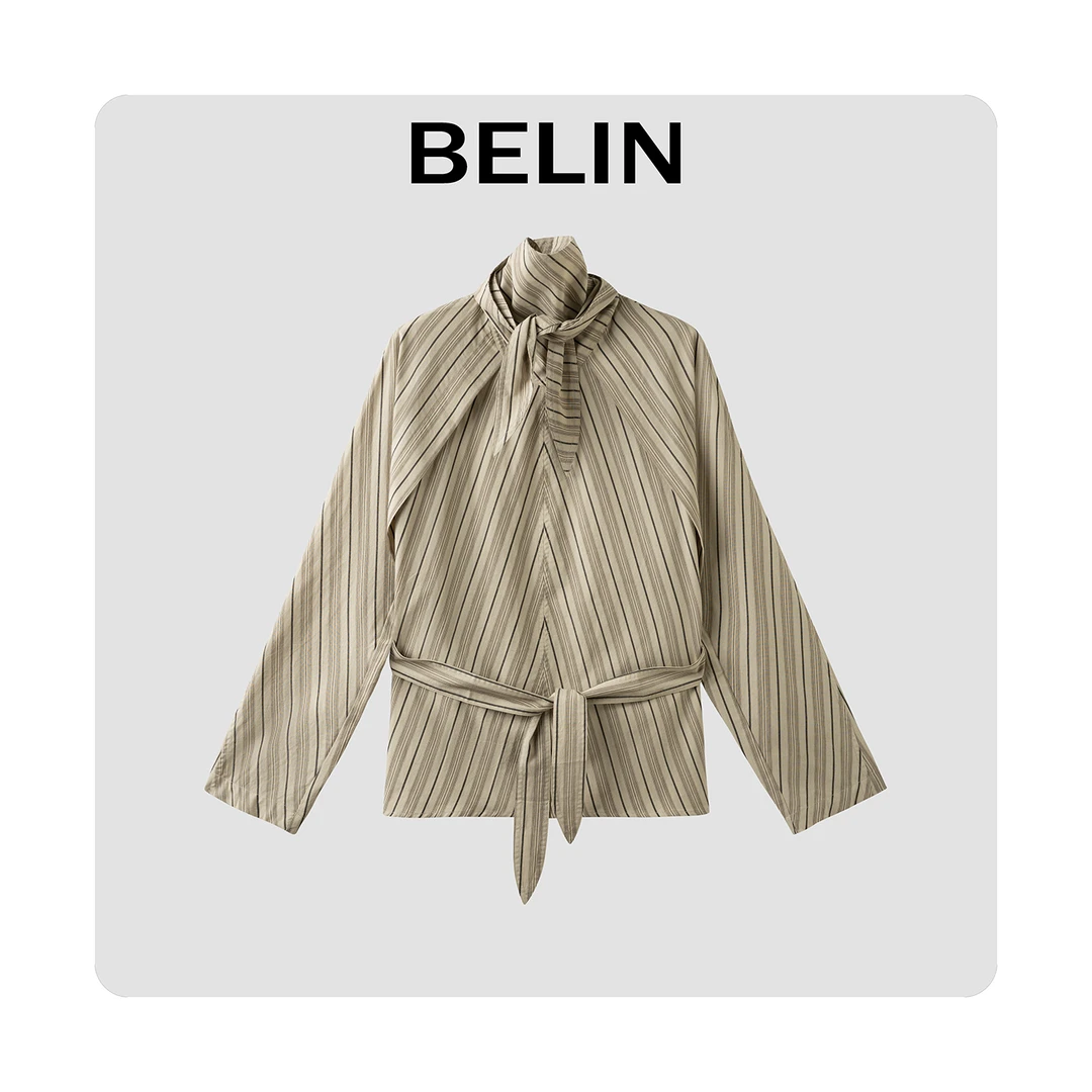BELIN 木质系复古色织棉纱条立领自带飘带设计感条纹衬衫全棉上衣