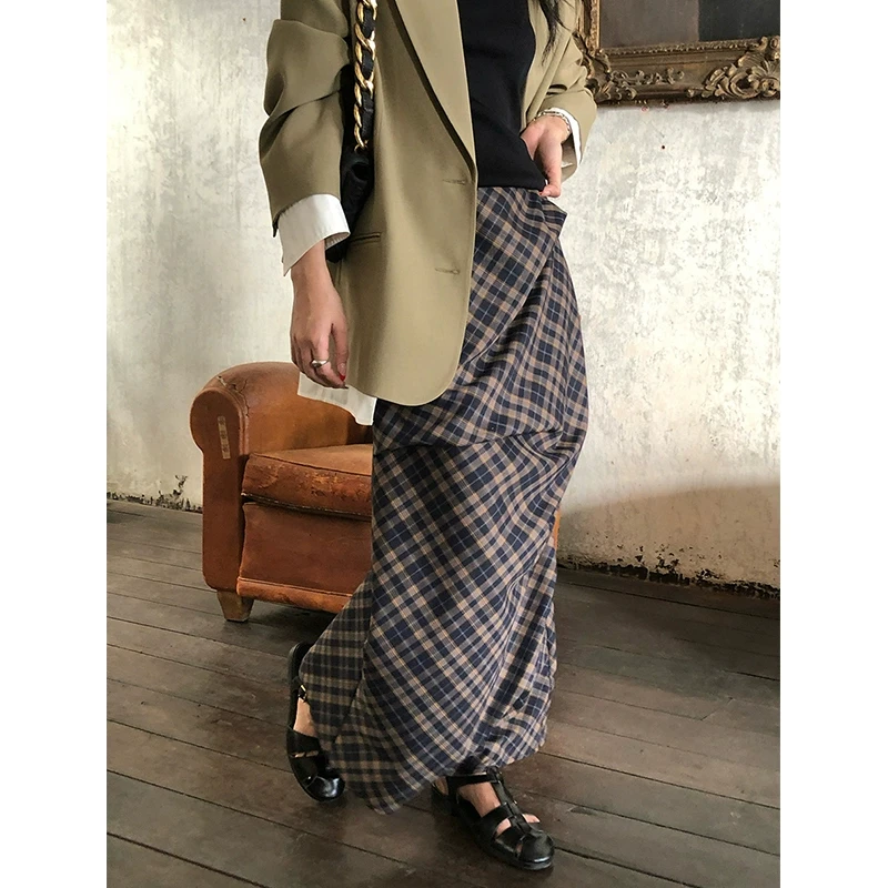 任小艺 2/13新品 定染色织斜裁不规则高腰格子半裙一步裙女