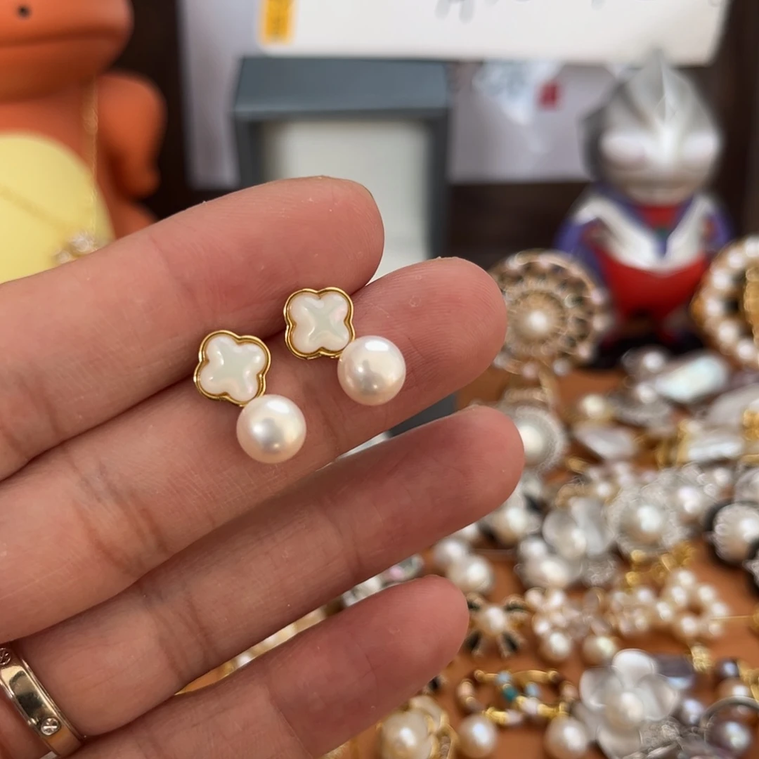 淡水珍珠银S925镶嵌颈饰四叶草耳坠