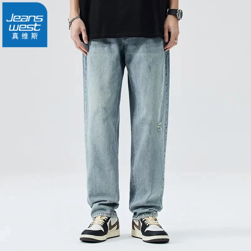 真维斯2025宽松薄款复古中腰长裤嘻哈时尚拉链水洗牛仔裤宽松嘻哈
