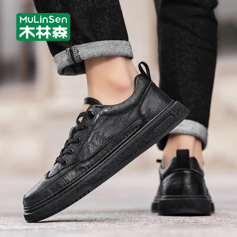木林森男鞋秋季2025新款皮面黑色板鞋百搭软底一脚蹬懒人休闲皮鞋