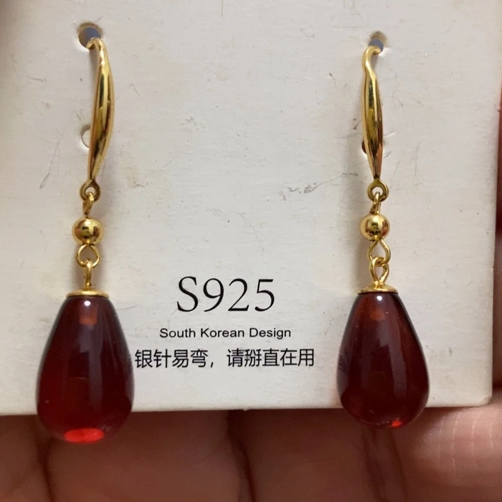 血珀耳饰银S925镶嵌琥珀