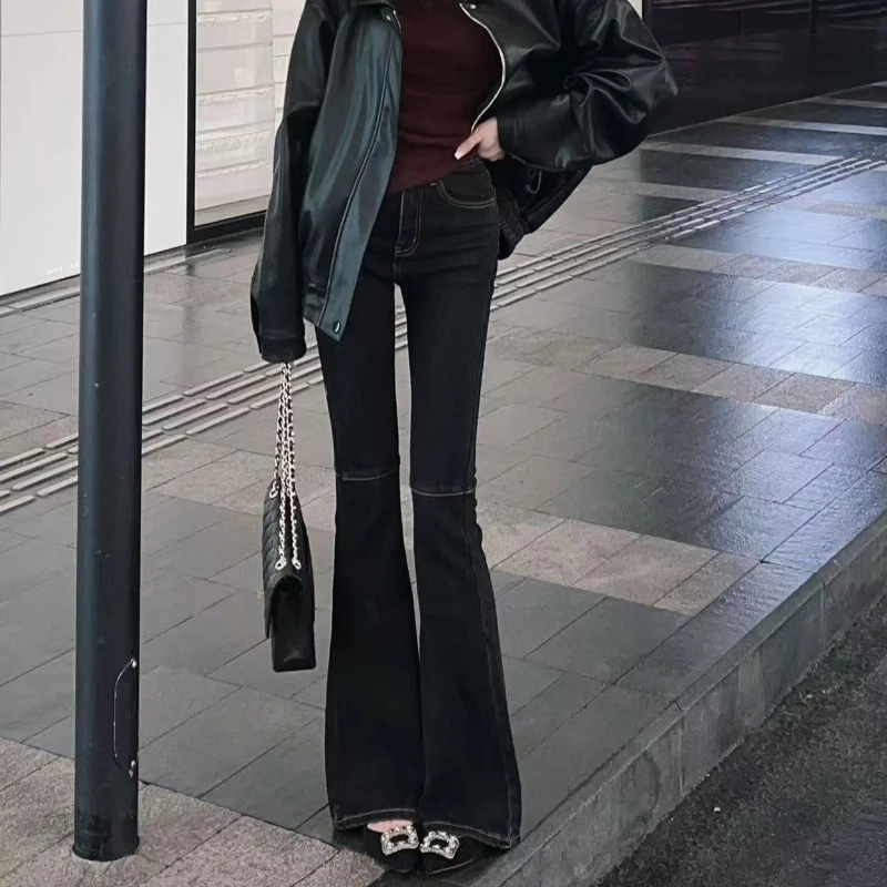 港风摩登时代微喇牛仔裤女新款小个子高腰修身大长腿设计喇叭长裤