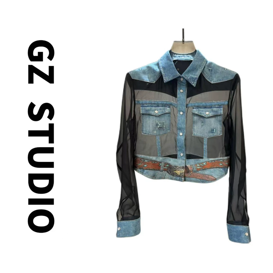 2025年新款时尚拼接网纱牛仔外套