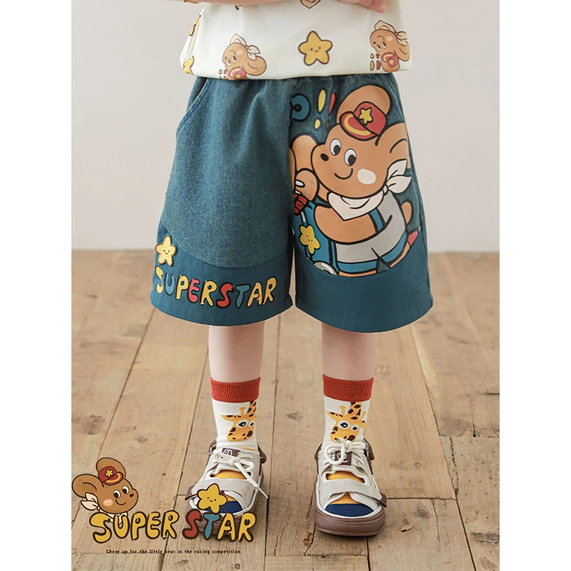 YOEHYAUL/幼悠夏叁波【小熊警官】男宝洋气砂洗牛仔短裤套装N6187