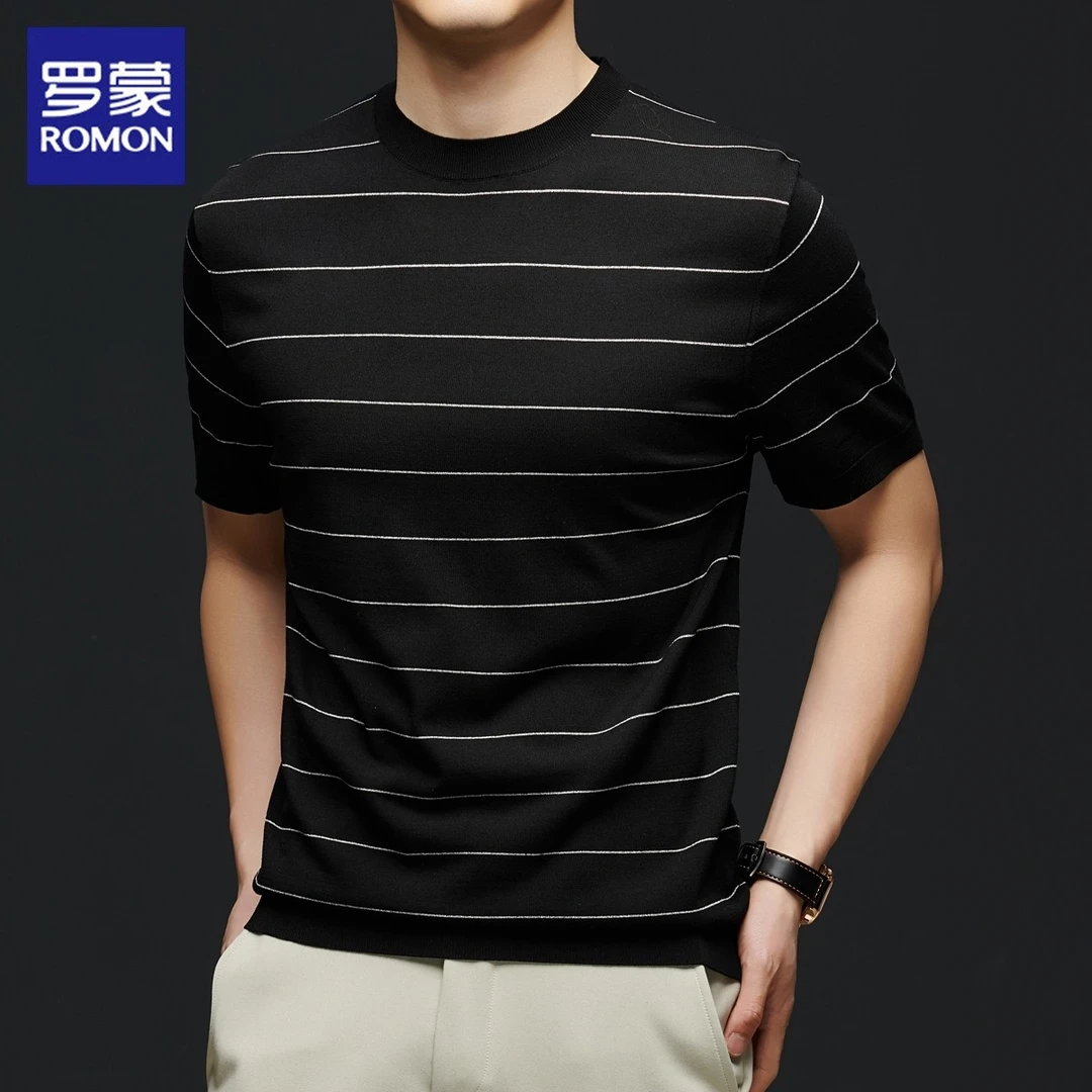 罗蒙天丝条纹短袖t恤男士夏季薄款冰丝凉感针织衫高端休闲上衣男