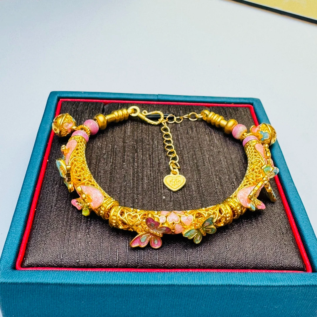 83#足金999 浮雕蝴蝶弯管 手链 黄金铃铛手链【赠合金链】