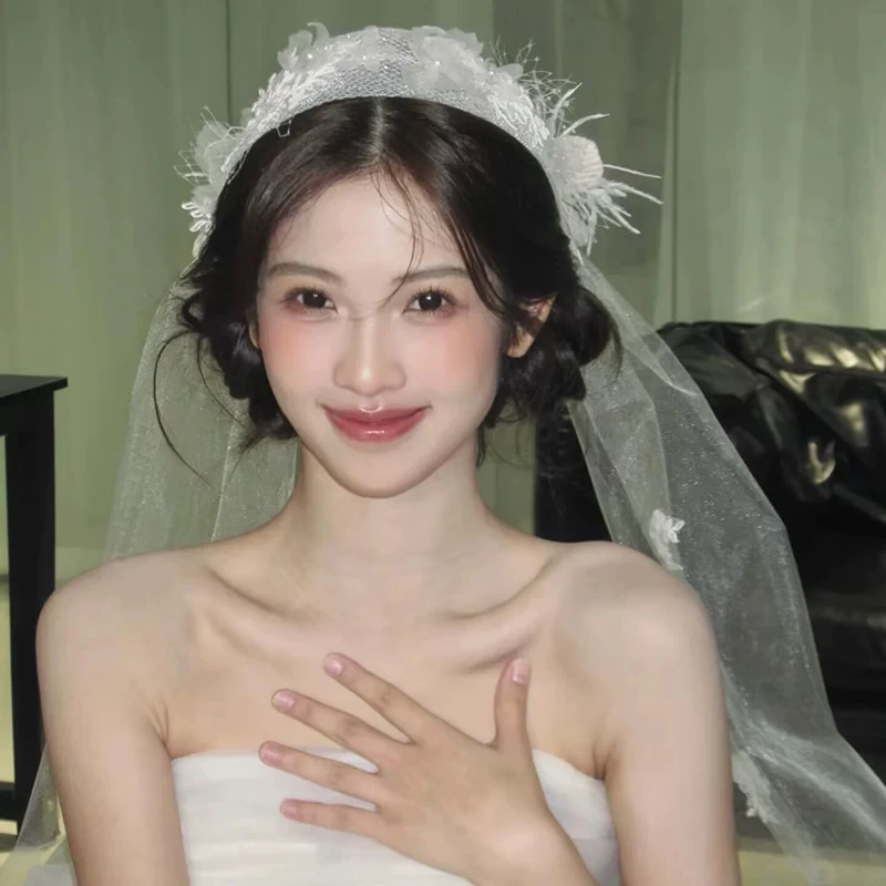SG315韩式新娘蕾丝超仙轻纱发饰头纱花朵羽毛头饰甜美晨袍发饰