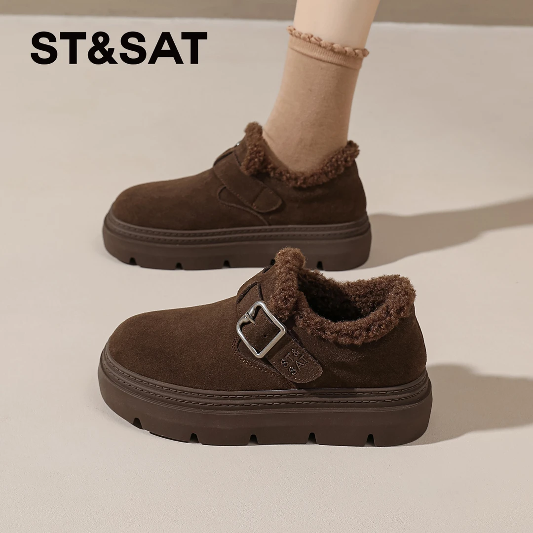 星期六加绒保暖毛毛棉鞋女款2025冬季复古一脚蹬勃肯鞋低帮雪地靴