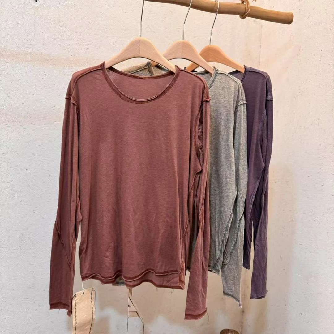 忆古朴拙彩棉面膜提241101百搭纯色圆领长袖简约薄款时尚