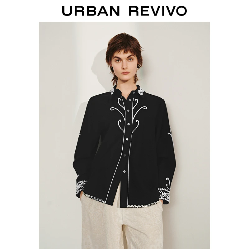 UR2025春季新款女装欧若风休闲撞色刺绣长袖开襟衬衫UWH250022