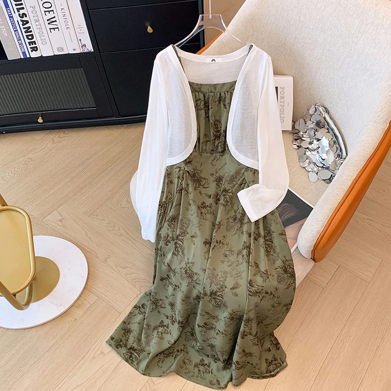 【声声慢】大码女装胖mm复古港风碎花吊带连衣裙开衫外套两件套