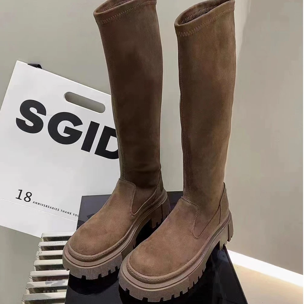 欧洲站2023秋冬厚底英伦风弹力瘦瘦靴女套筒靴G00663长筒百搭时尚