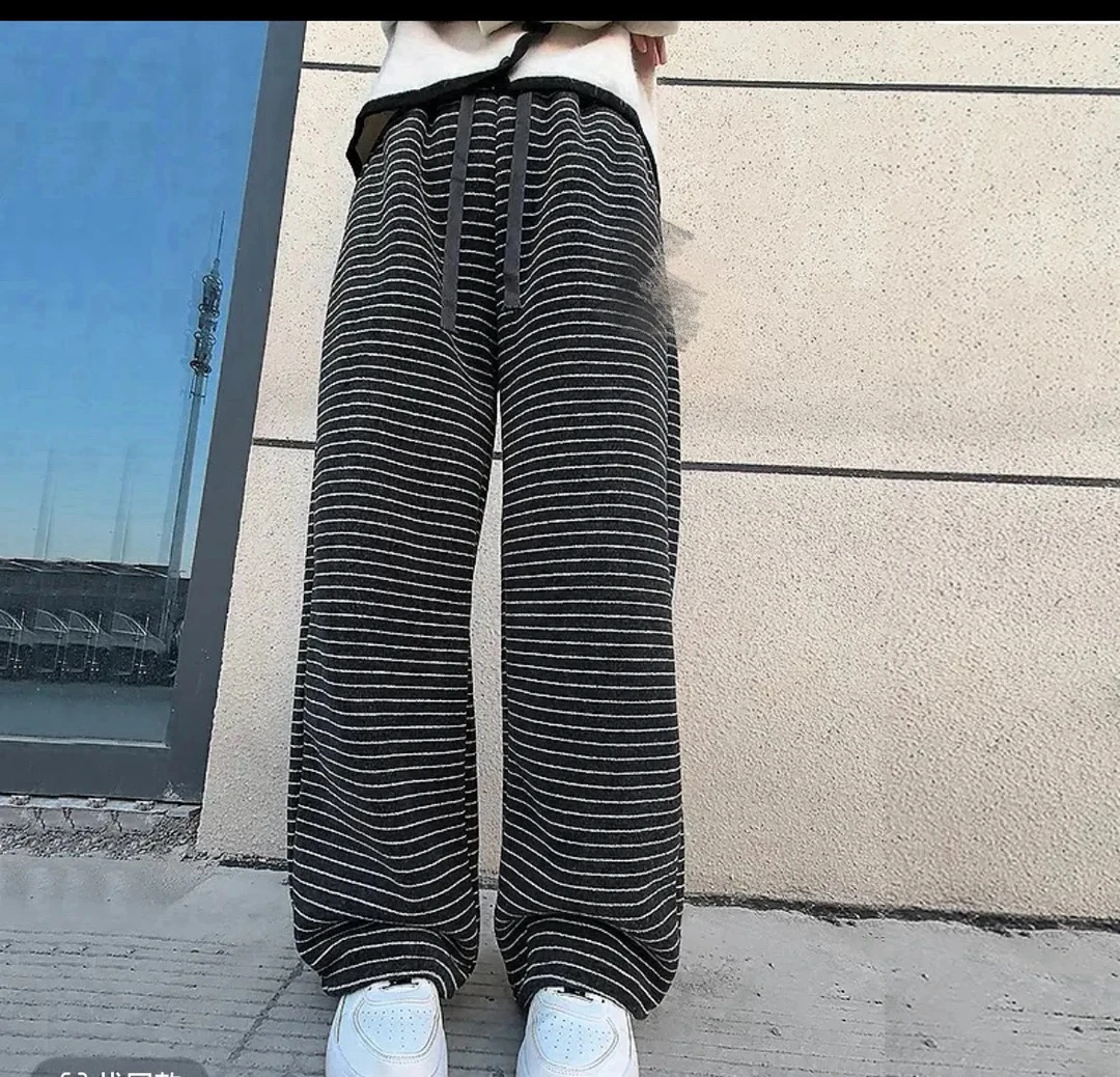2025新款仿兔毛亲子款条纹直筒裤女高腰显瘦垂感加厚一条过冬长裤