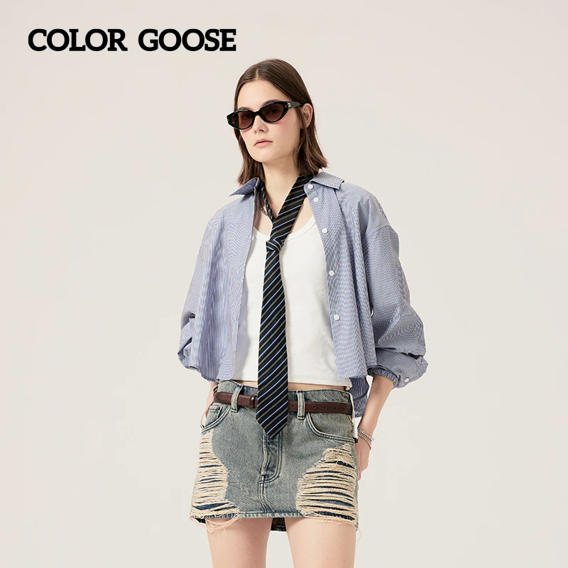 COLOR GOOSE 25秋季棉质精致廓形轻薄航海系短款长袖衬衫上衣女