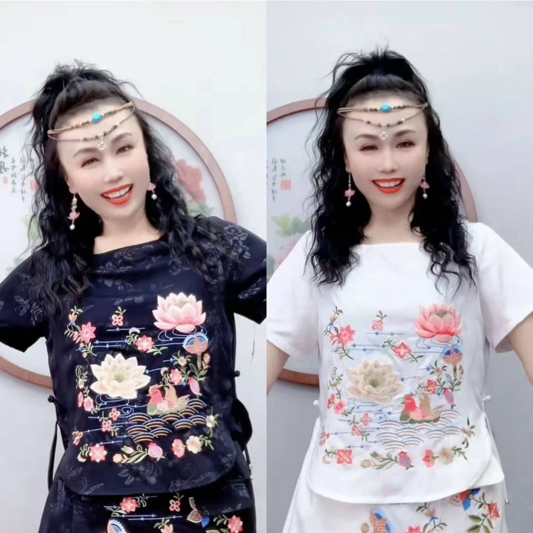 1（衣长55左右）民族风荷花刺绣短袖女款T恤6082